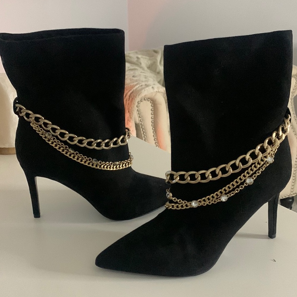 Guess Ankle Boots Black Suede w/ gold & diamonds accents. 4” heel